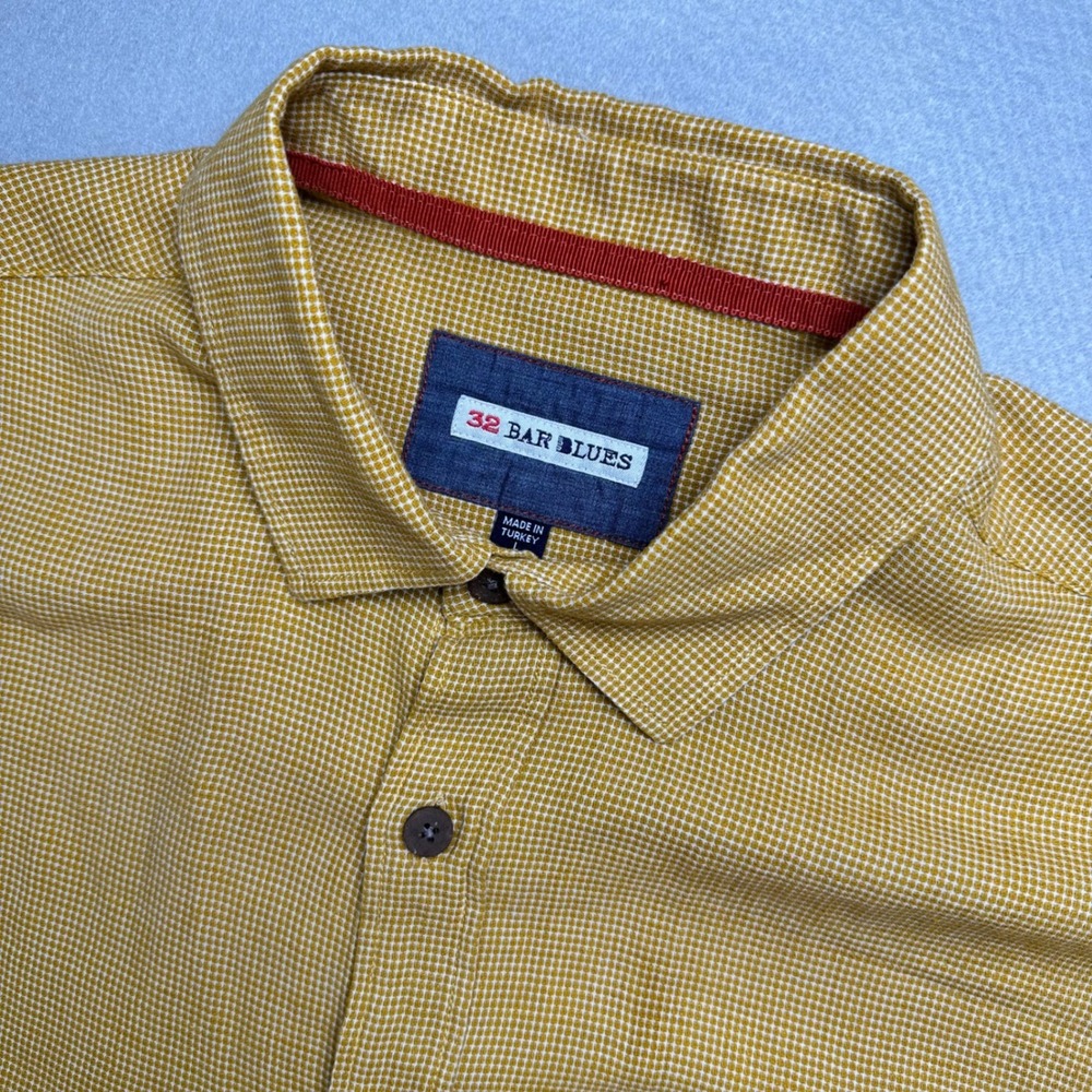 32 Bar Blues Shirt Mens Large Yellow Cotton Linen S/S Micro Check Button